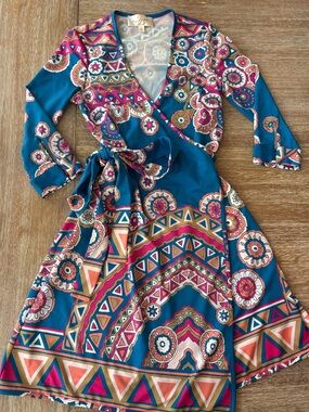 JB by Julie Brown Teal Multi-Print Wrap Dress with Pink and Coral Accents